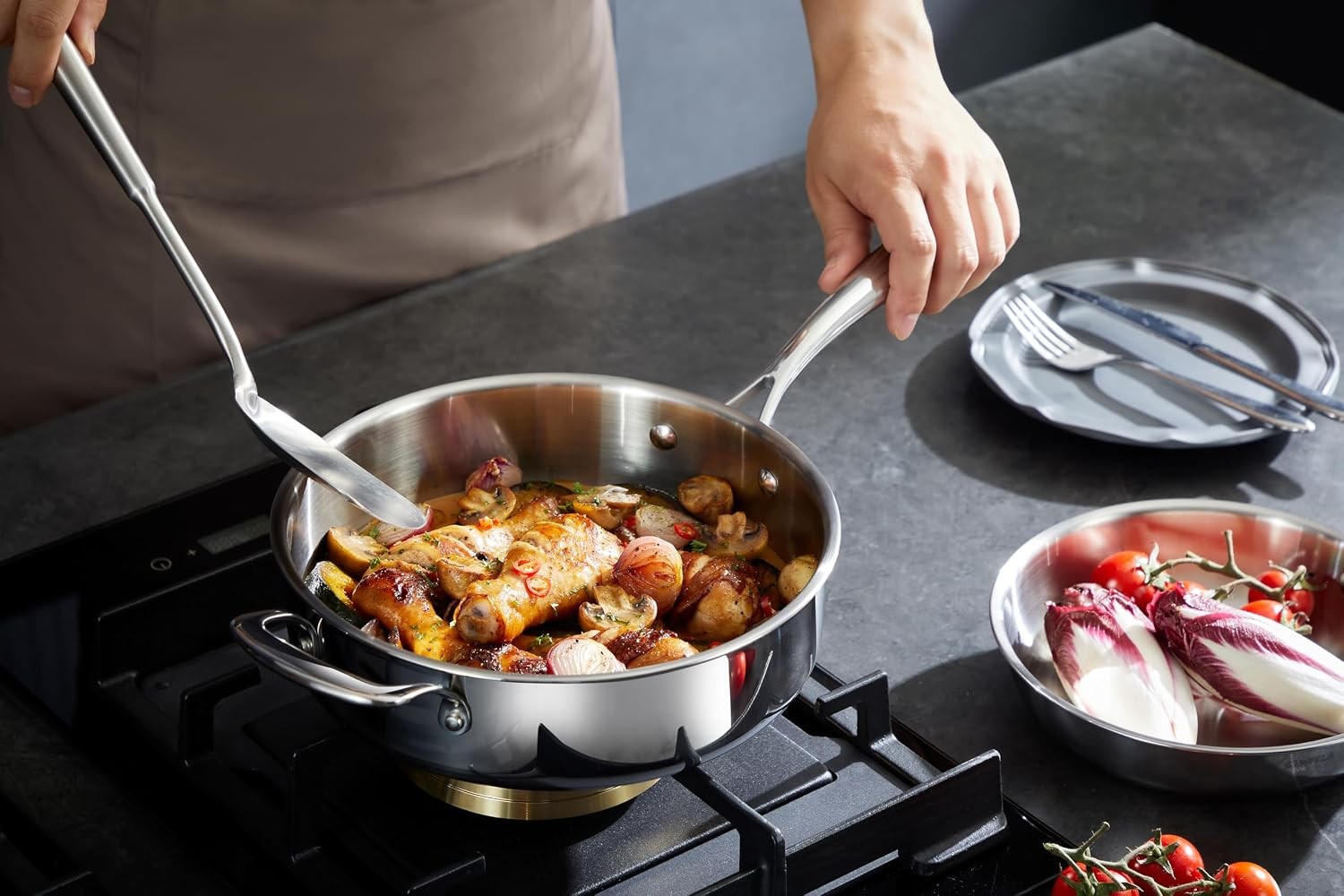 12 Inch/ 4.5 QT 5-Ply Stainless Steel Saute Pan with Glass Lid | Compatible with