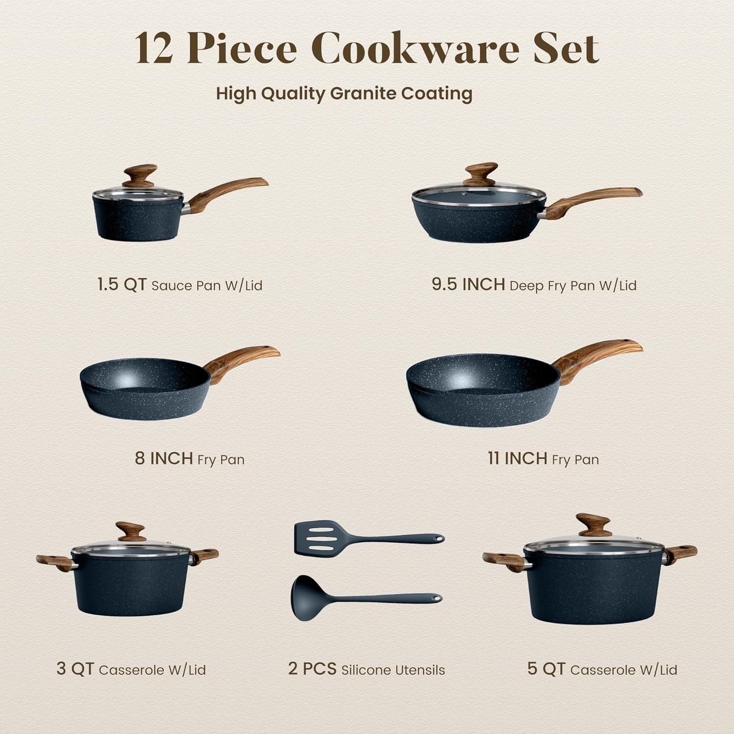 Ultra-Durable Nonstick Blue Granite Cookware Set – 12 Pieces for Healthy Cooking