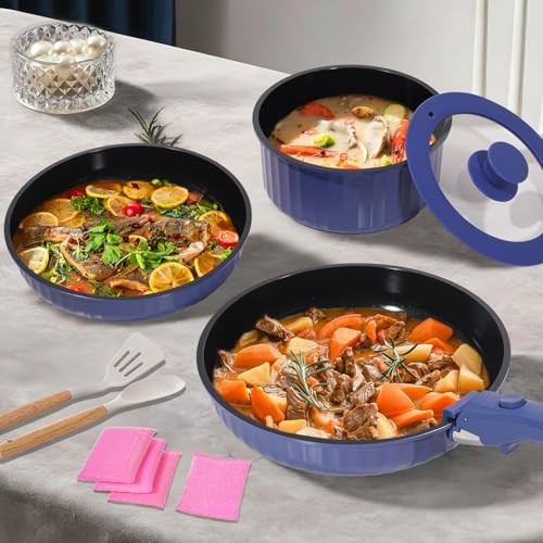 11 Piece Pots and Pans Set Nonstick with Removable Handle, Induction Blue