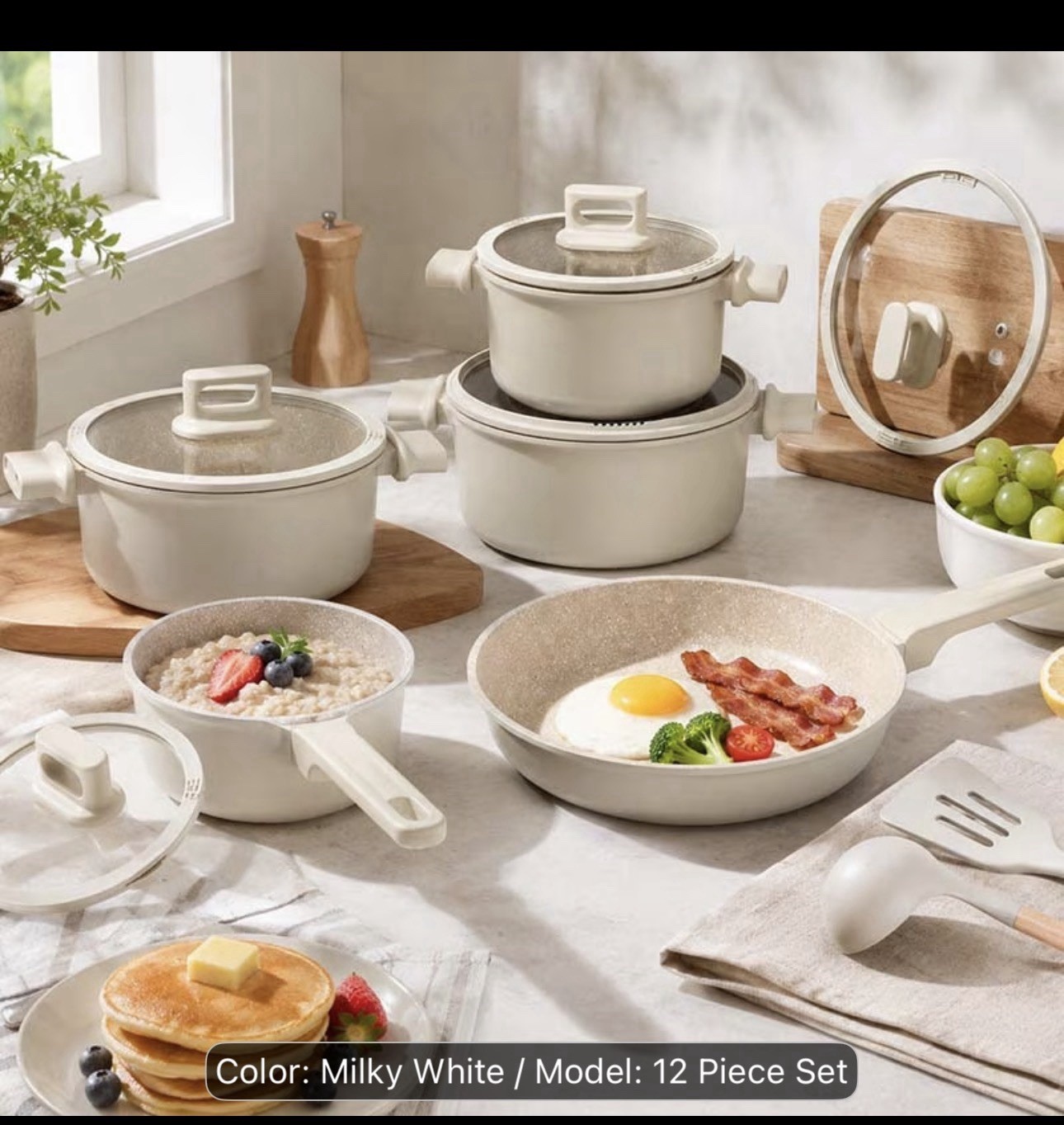 12pcs Cookware Set Non Stick Coating & Tempered Glass Lids Milky White