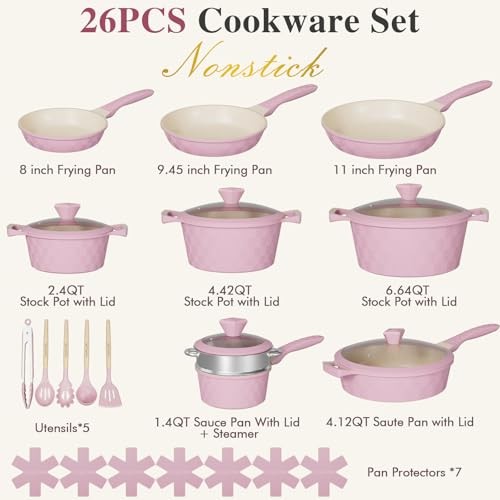 Pots and Pans Set Non Stick, 26PCS Nonstick Cookware Set, Induction Cook Pink