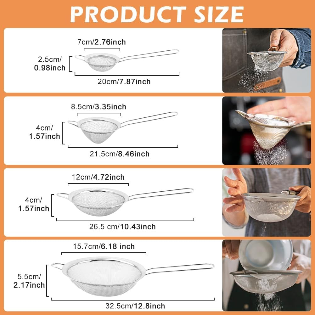 4PCS Stainl Steel Strainer Set – Fine Mesh Multi-Size w/Handles for