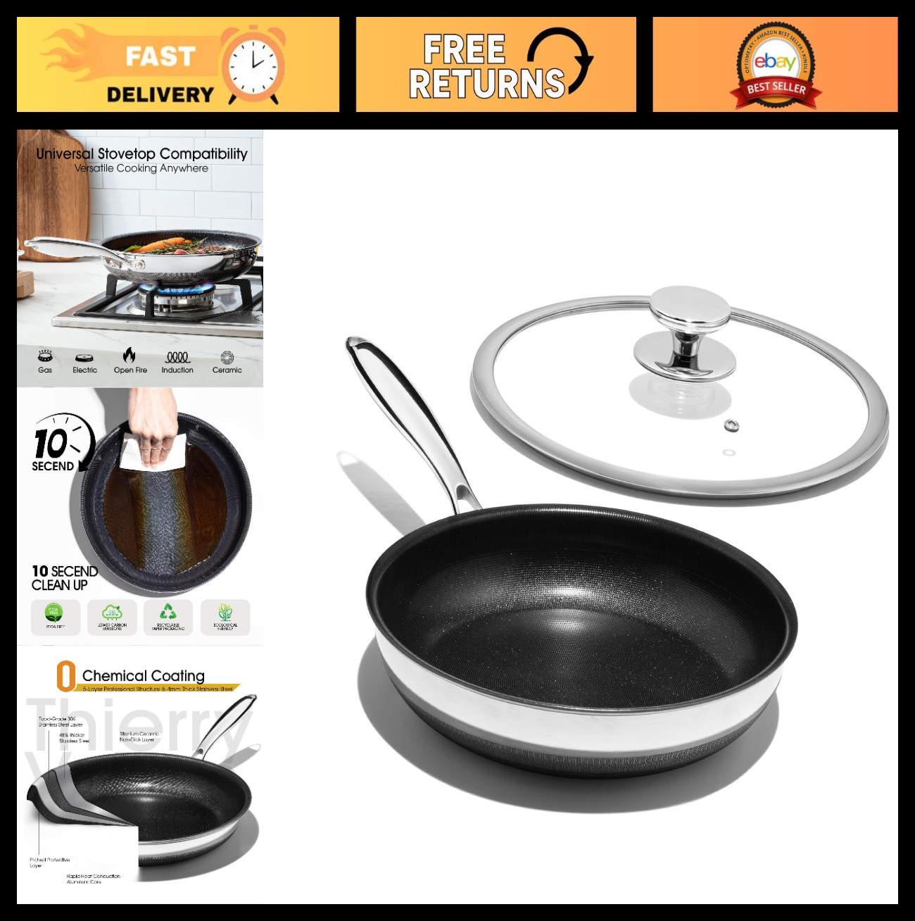 Nonstick 10″ Frying Pan Set – Titanium Ceramic Skillet with Lid, Stay-Cool Handl
