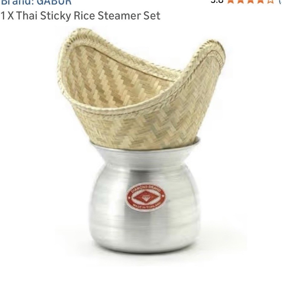 GABUR Thai Sticky Rice Steamer Set Bamboo Basket Aluminum Pot Silver Brown