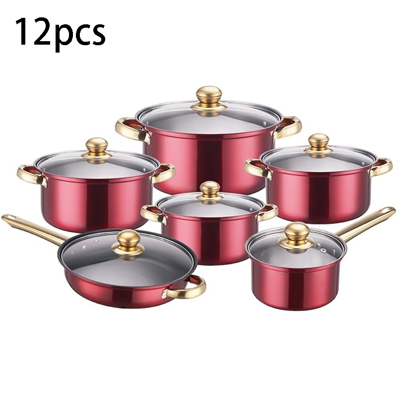 12 Piece Cookware Set Nonstick Pots and Pans Home Kitchen Cooking Non Stick, Red