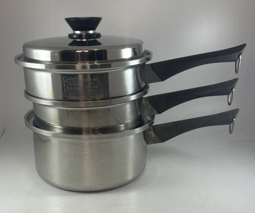 Vintage Amway Queen Multi-Ply 18/8 Stainless 6 Piece Cookware Set W/Lids USA