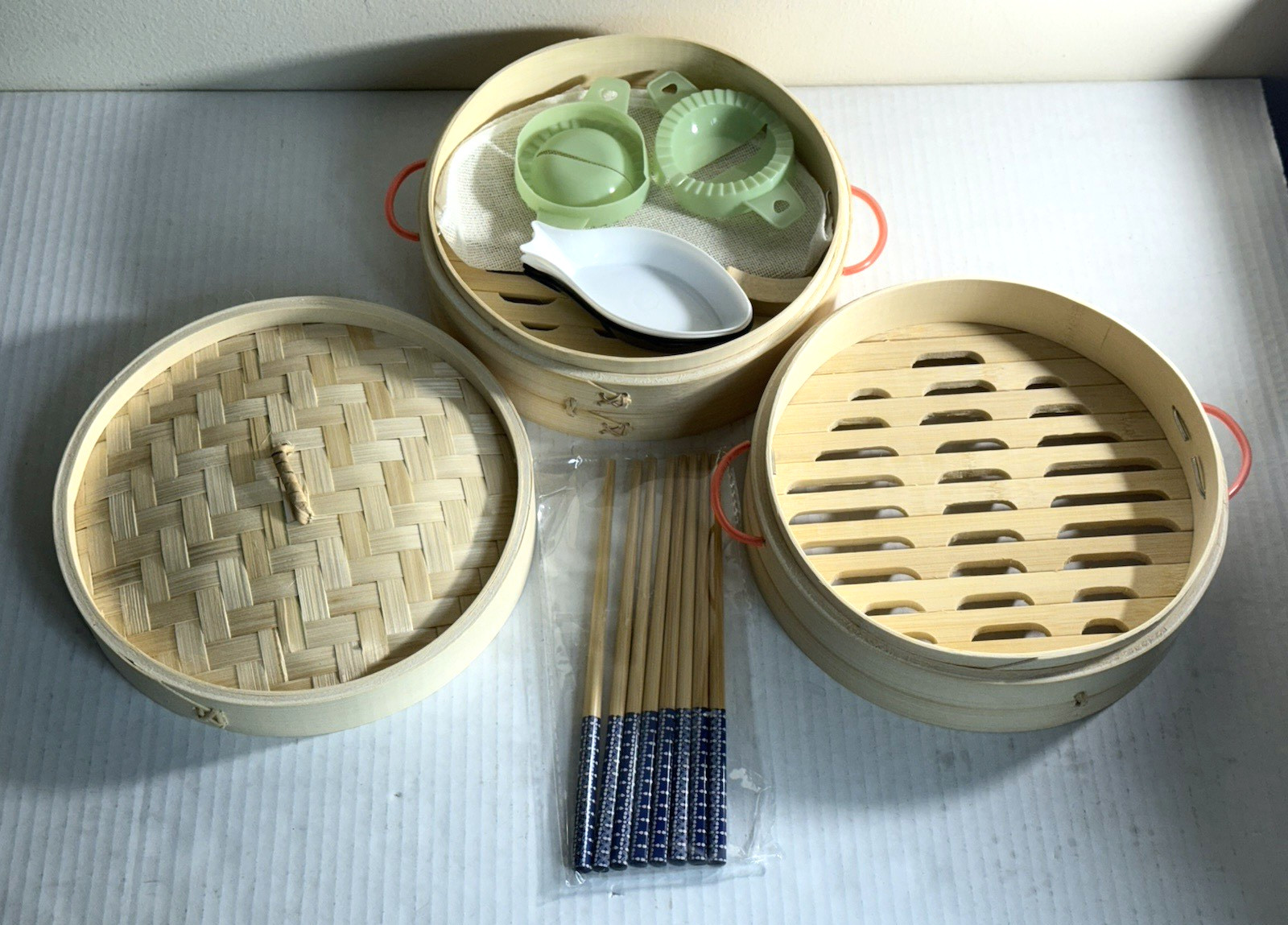 Oriental Style Bamboo Steamer Traditional Natural Stackable 2 Tiered 8″ NEW In B