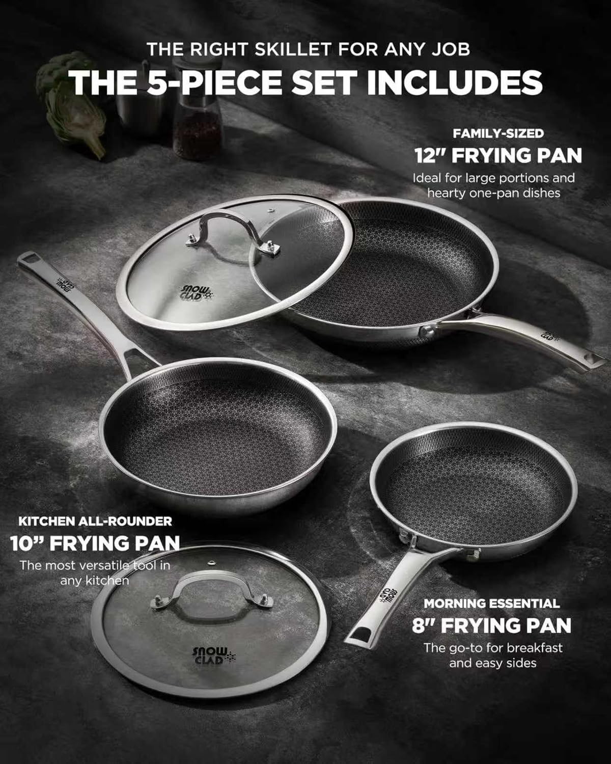 Non Stick Frying Pans set, 8+10+12 inch with Lids, Hybrid Pans Set, Stainless St