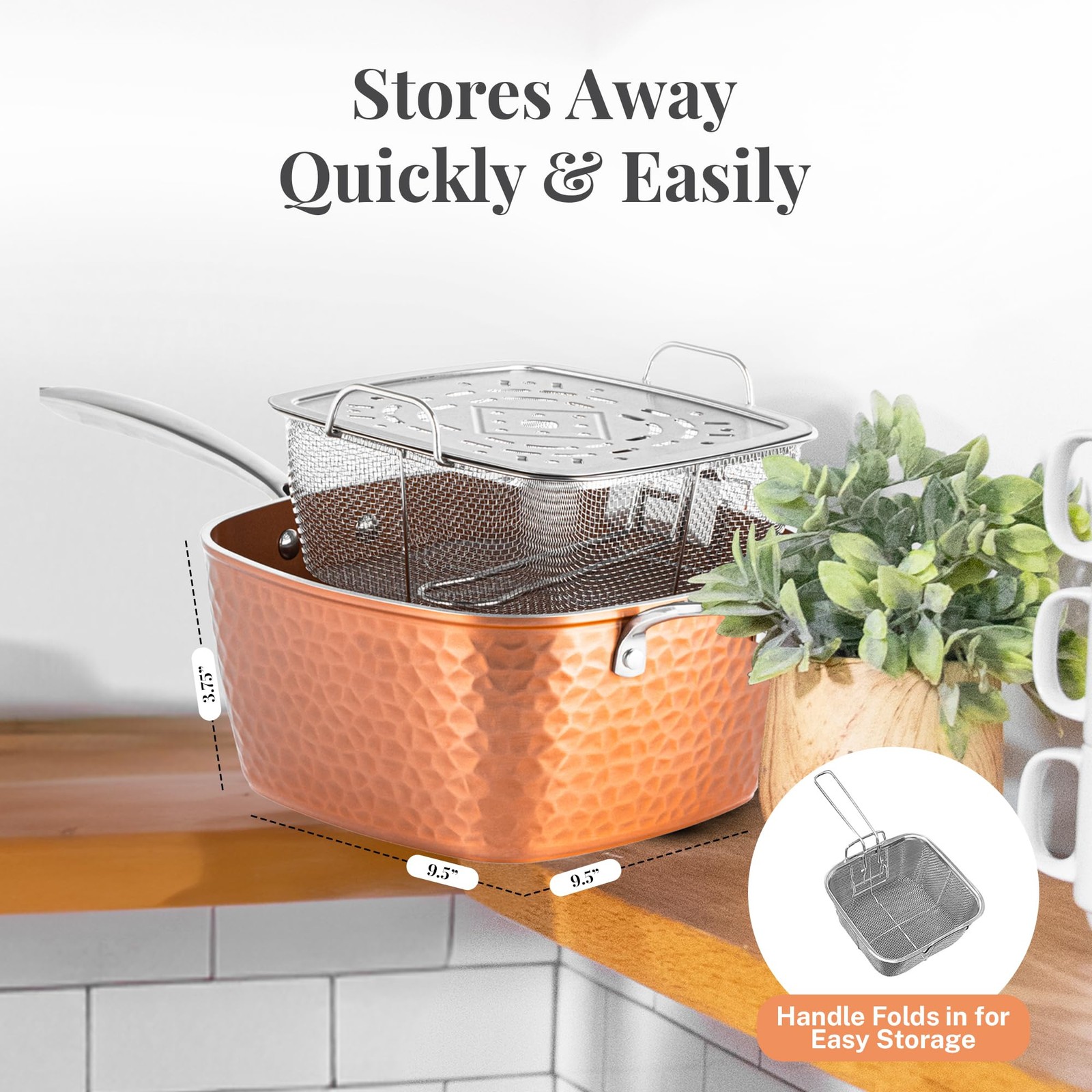Gotham Steel Nonstick Square Deep Frying Pan 9.5 Copper Ceramic Pot Lid Basket