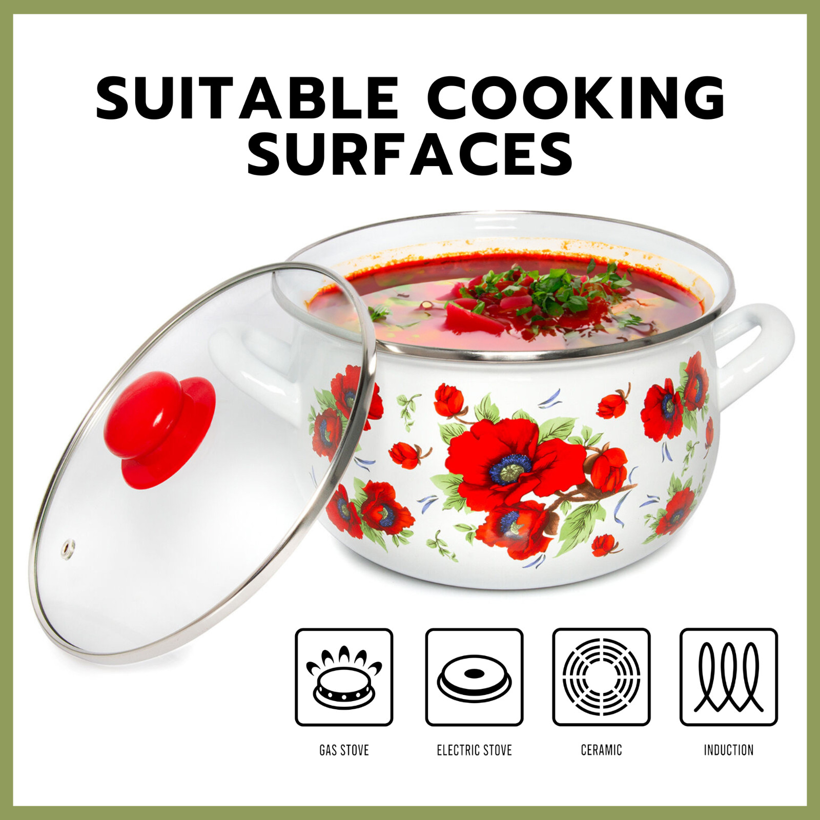 3 pc POPPY Enamel Stockpot Set Cooking Pot Set Enamel Casserole 2-qt 4-qt 6.5-qt