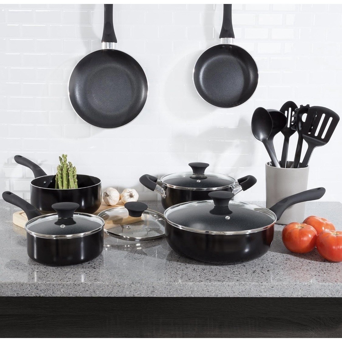 15 Piece Cookware Set Nonstick Aluminum Black Induction Classic Cuisine