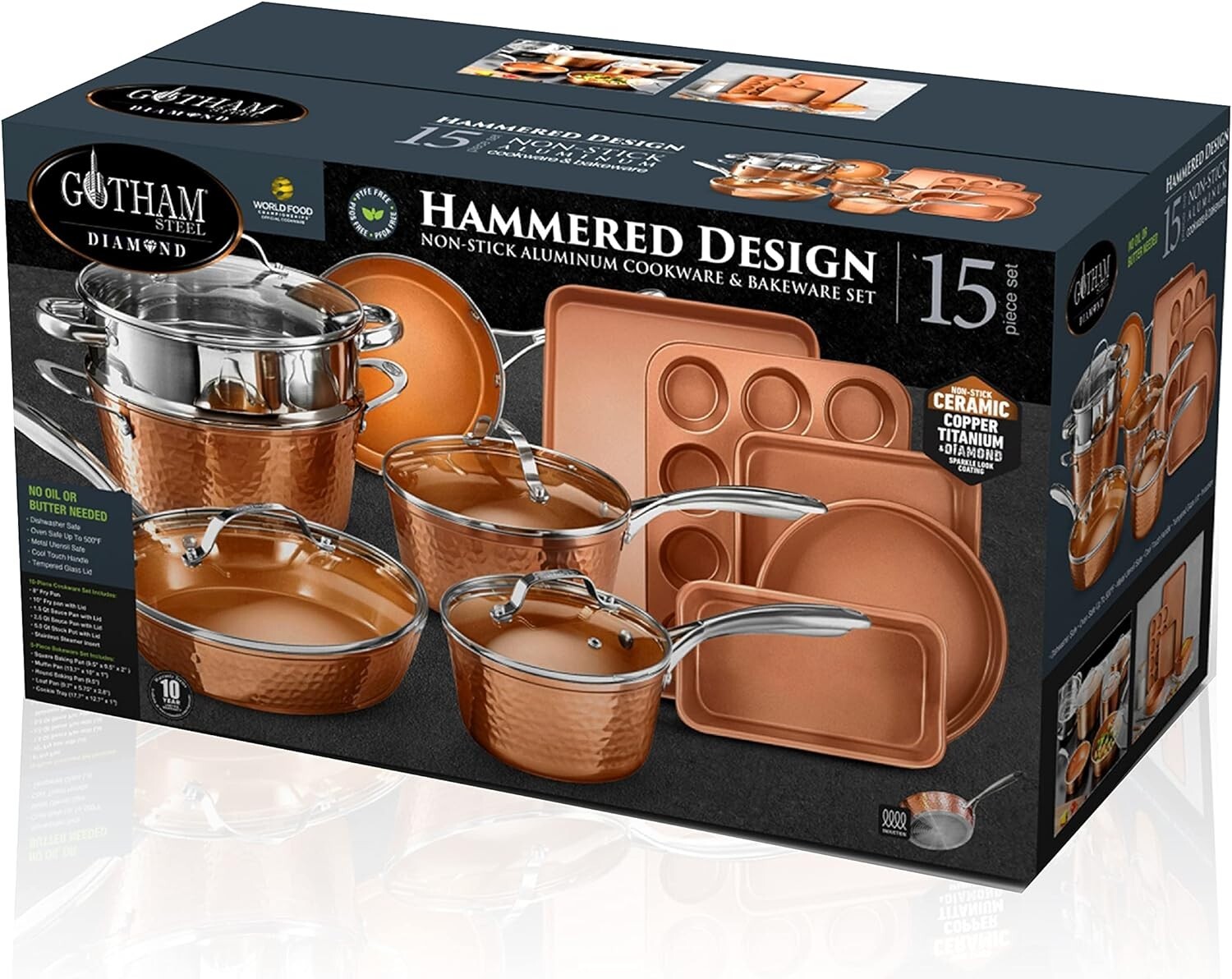 Gotham Steel 15-Piece Cookware Set – Hammered Copper (2984)