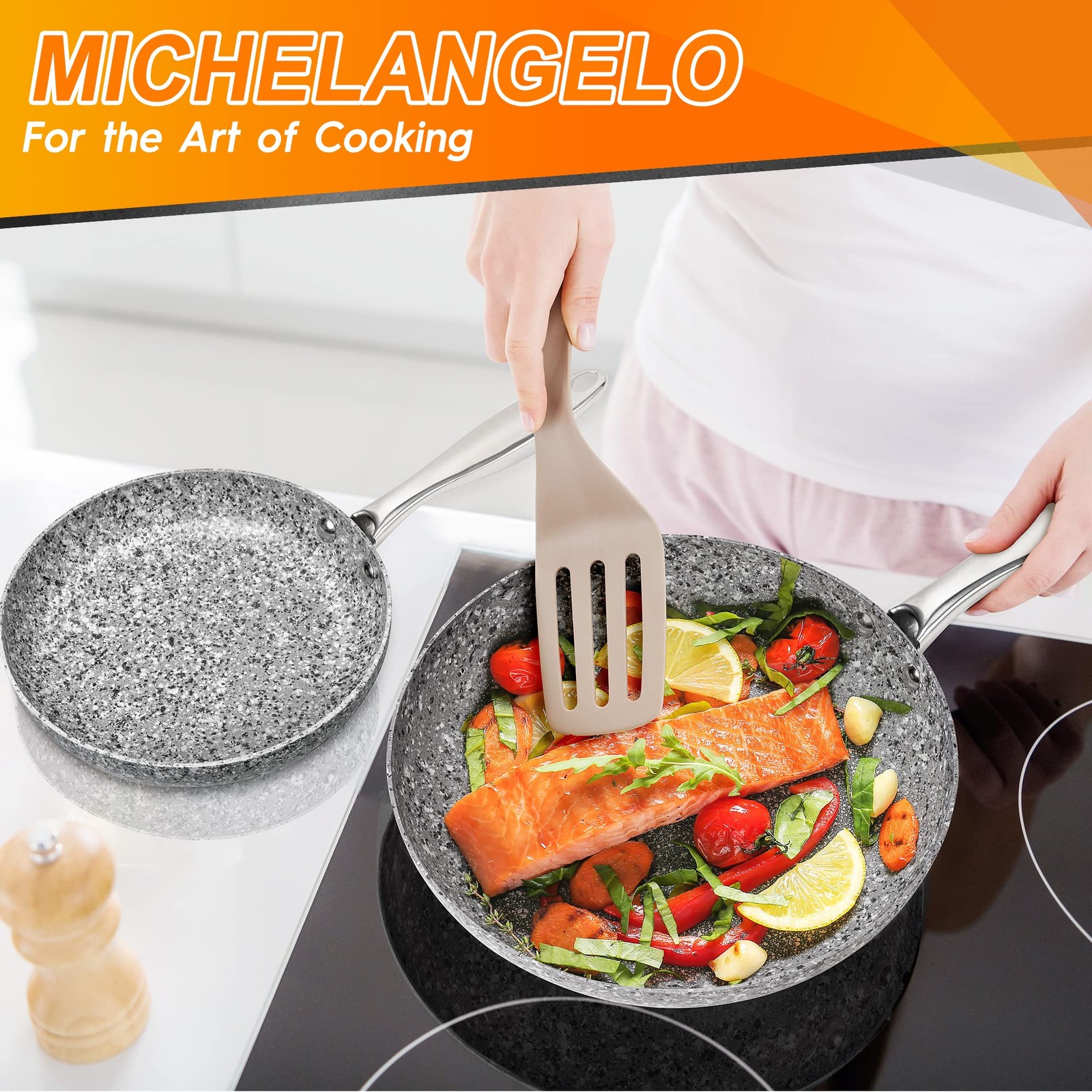 MICHELANGELO 10 Inch Frying Pan with Lid, Nonstick Stone Frying Pan with Non tox