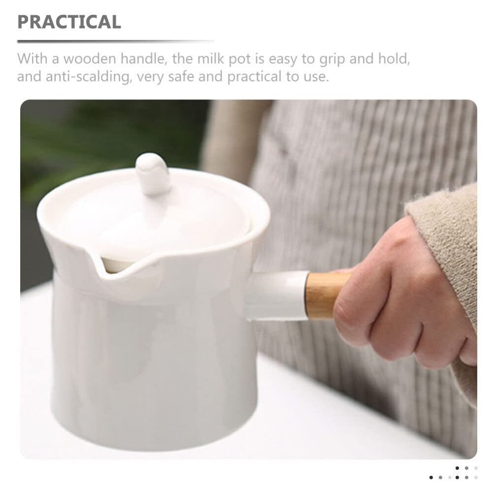 Mini Sauce Pan Ceramic Milk Pot 350ml With Lid Wooden Handle White Pour Spout