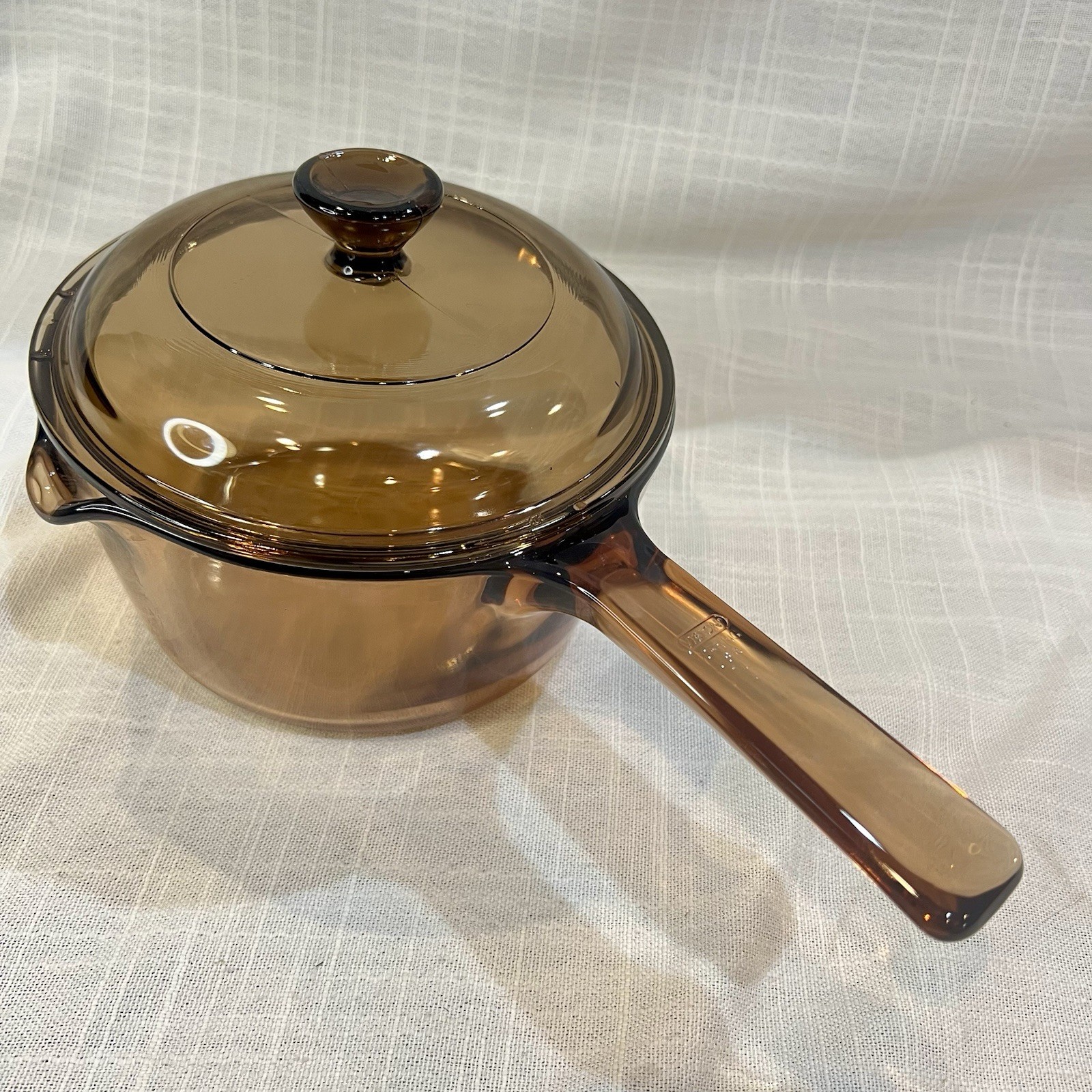 Visions Corning 1L Amber Glass Saucepan Pot Pyrex Lid w/ Pour Spout V1C Vintage