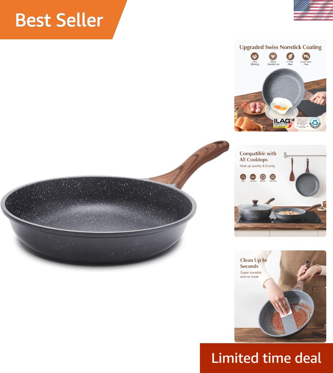 Nonstick Frying Pan Skillet, Swiss Granite Coating Omelette Pan, Healthy Ston…