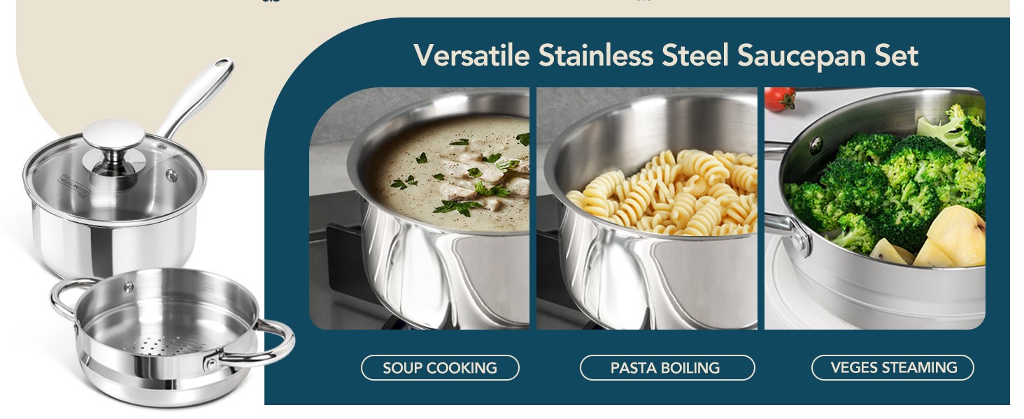 1.5 Quart Saucepan with Steamer, Stainless Steel Saucepan with Lid, Triply