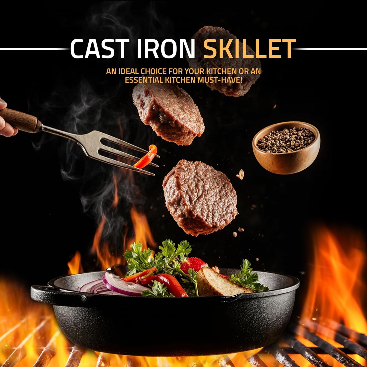 12″ Cast Iron Skillet Chefs Pan – Pre-Seasoned, Even Heat, PFAS-Free, Black