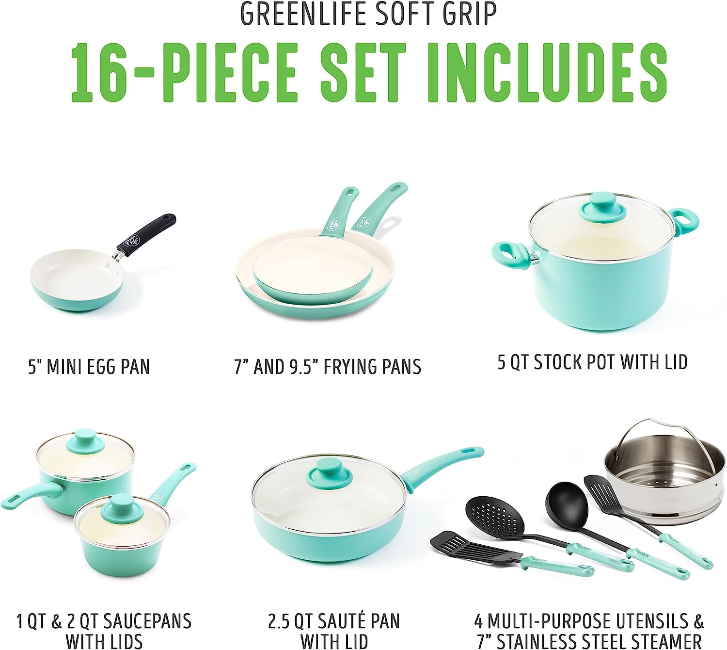 Soft Grip 16 Piece Cookware Set, Non-Toxic Pfas-Free Ceramic Nonstick, Pots, Fry