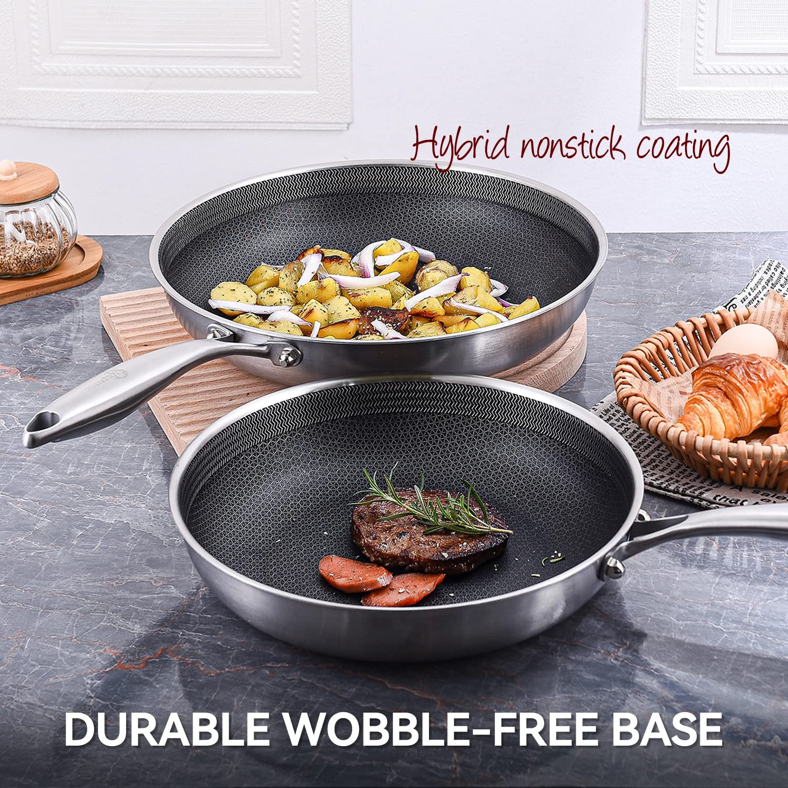 10-12 Inch Tri-ply Hybrid Nonstick Stainless Steel Sauté Pan with Lids,Deep F…