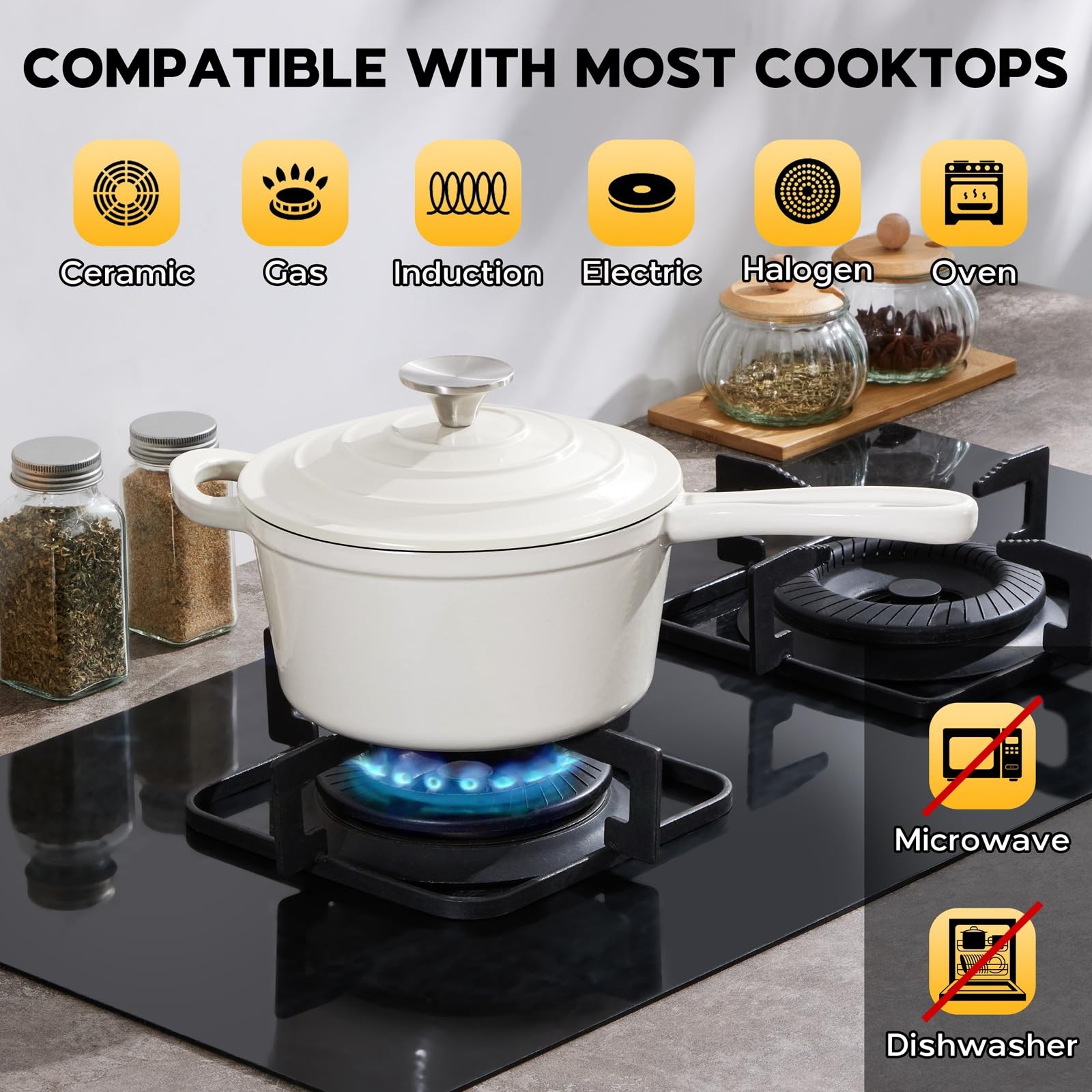 1 QT White Enameled Cast Iron Sauce Pan Dutch Oven Pot With Lid Nonstick
