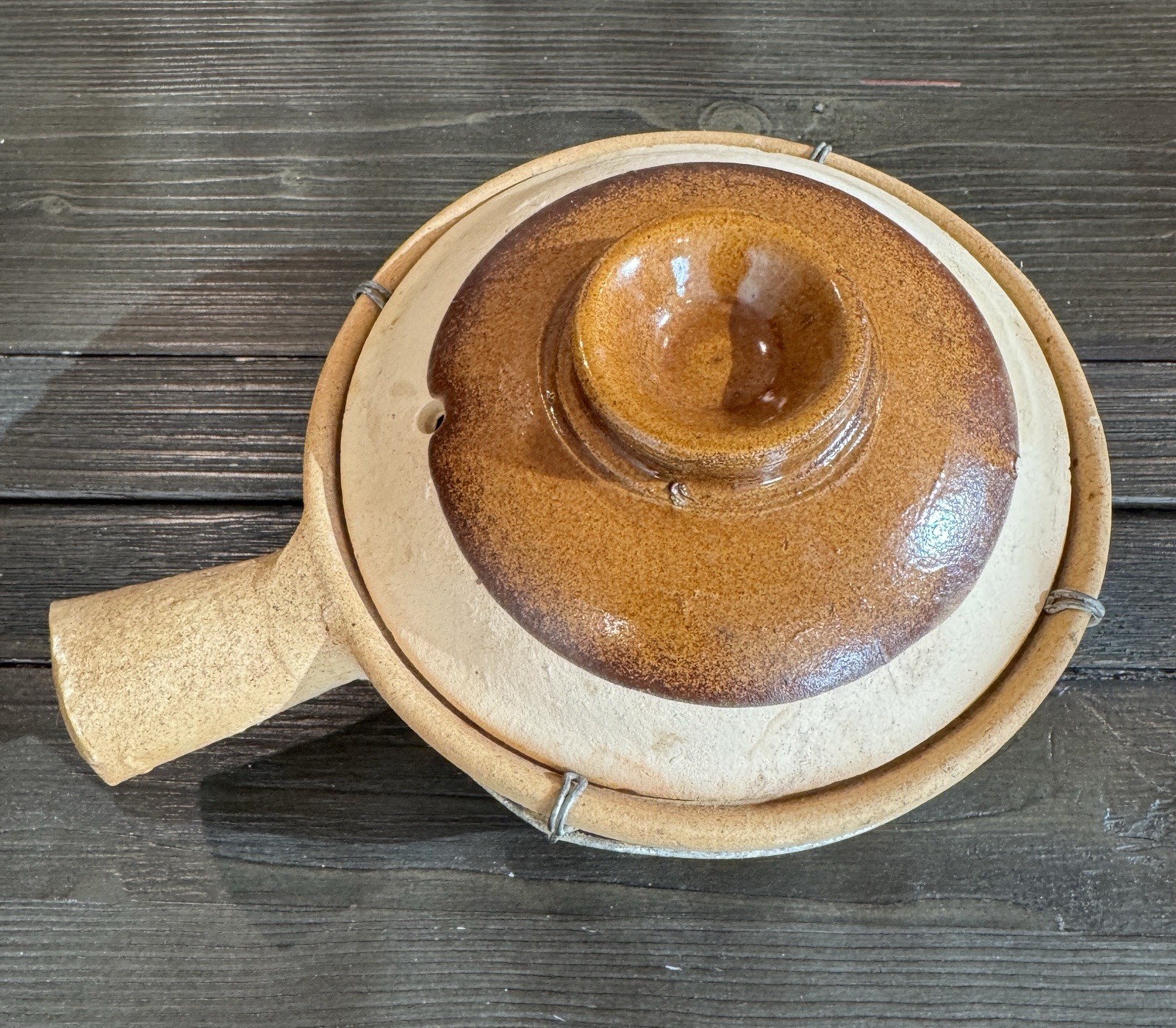 Traditional Chinese Clay Cooking Pot Wire Wrapped Single Handle 6” Earthenware