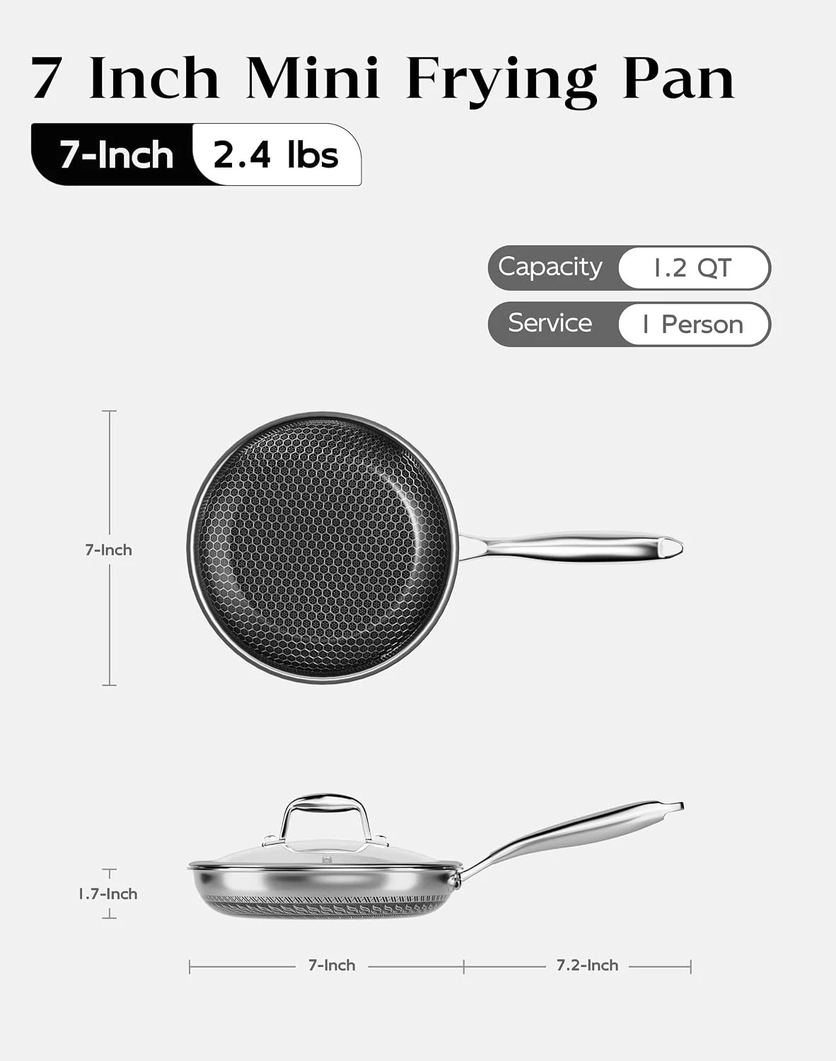 Nonstick Frying Pan with Lid 7-Inch, Durable Stainless Steel Skillet, Induction