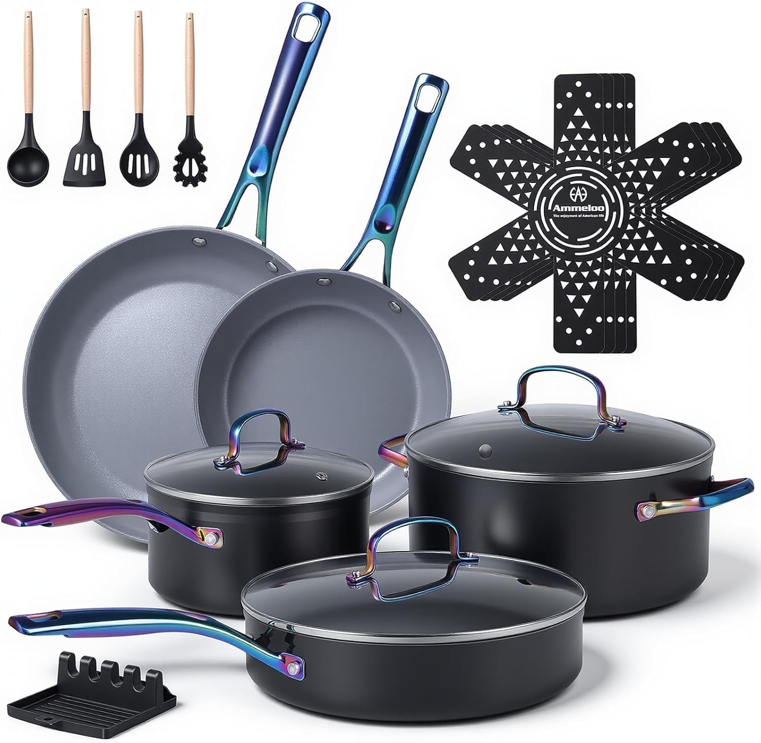 17 Pcs Ceramic Cookware Set, Induction Pots and Pans Set Non Stick, Premium