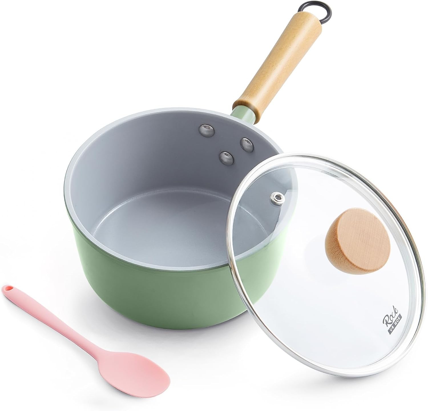 Ceramic Nonstick Sauce Pan 3 QT Pot W/ Steamer Non Toxic & PFAS-Free Wooden