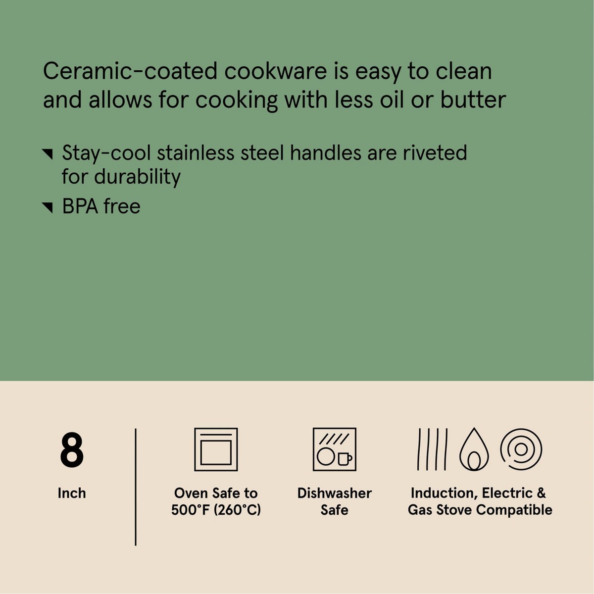 8″ Nonstick Ceramic Coated Aluminum Frying Pan With Champagne Handle Cream