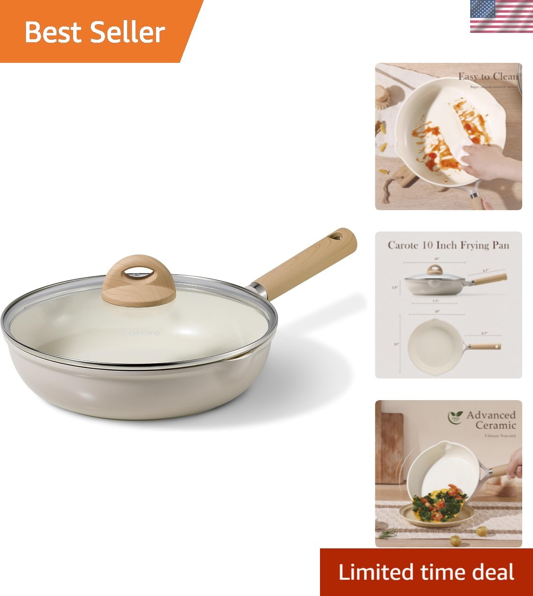 10″ Ceramic Frying Pan with Lid, Non Stick Frying Pan Skillet Chef’s Pan, Hea…