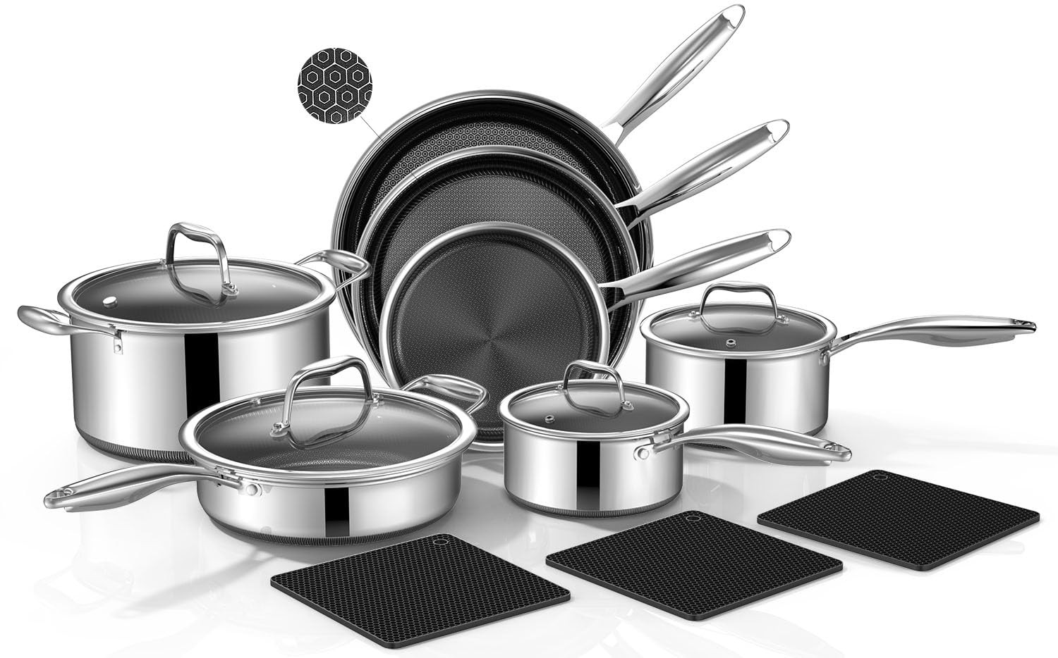 Stainless Steel Hybrid Cookware Set 14 Piece with Silicone Trivets Non Stick