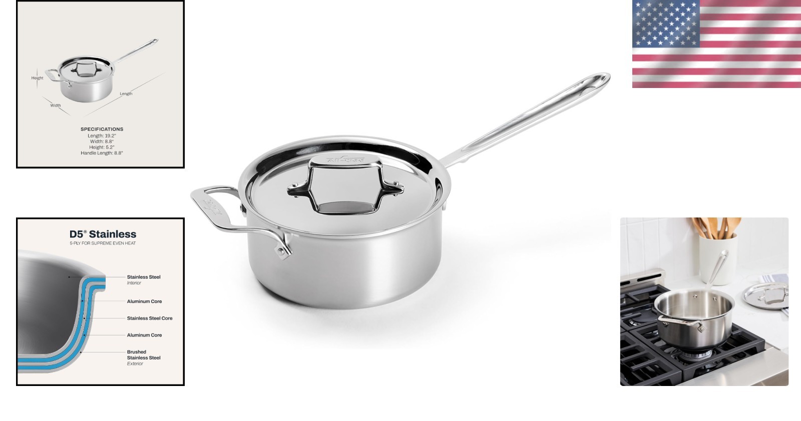 Durable 3 Quart 5-Ply Stainless Steel Saucepan, Induction & Broiler Safe