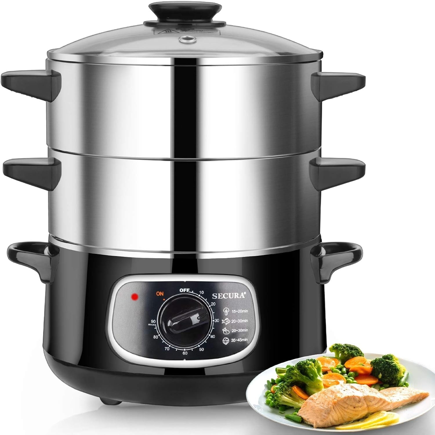 Secura 2-Tier 8.5 Qt Stainless Steel Electric Food Steamer w/ Timer & Glass Lid