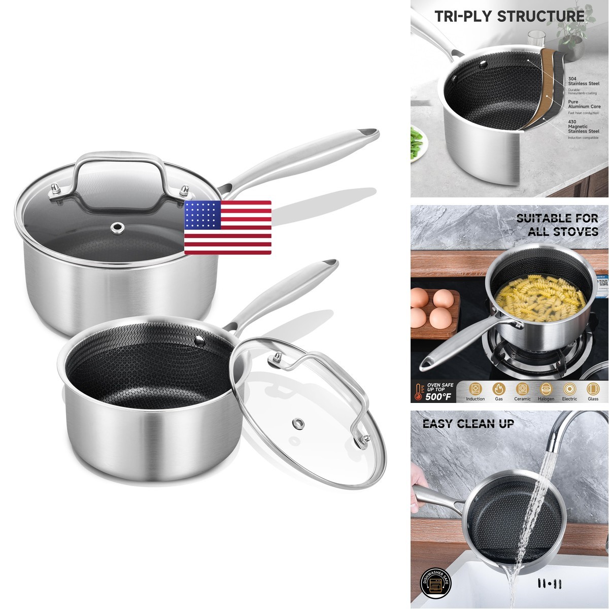 LOLYKITCH Hybrid Tri-Ply Stainless Steel Non-Stick Saucepan Set 2-Piece 1.5QT