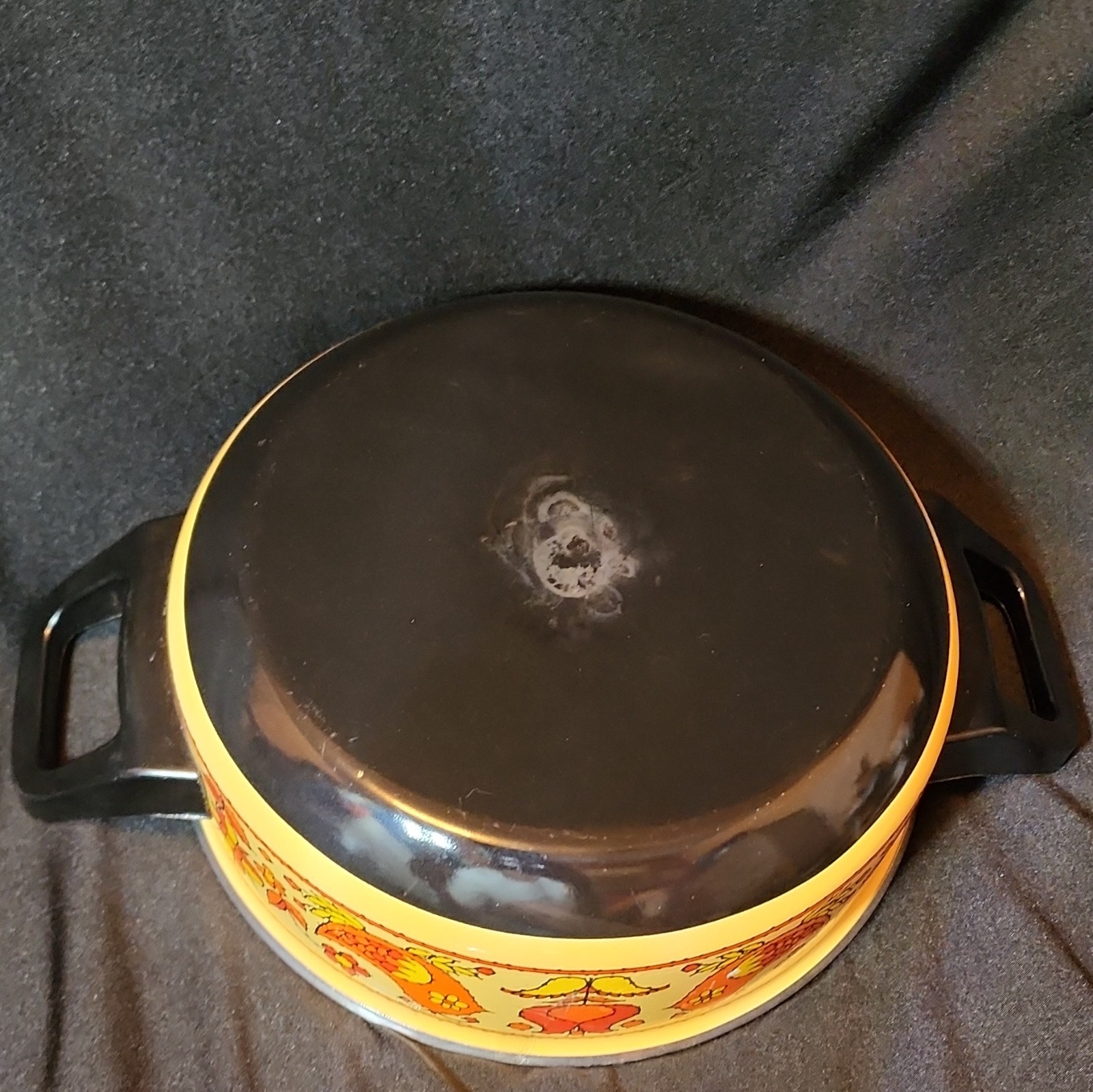 Round Enamel Casserole Dish w/ Lid, Double Handles, Orange Floral Bird, 2 qt