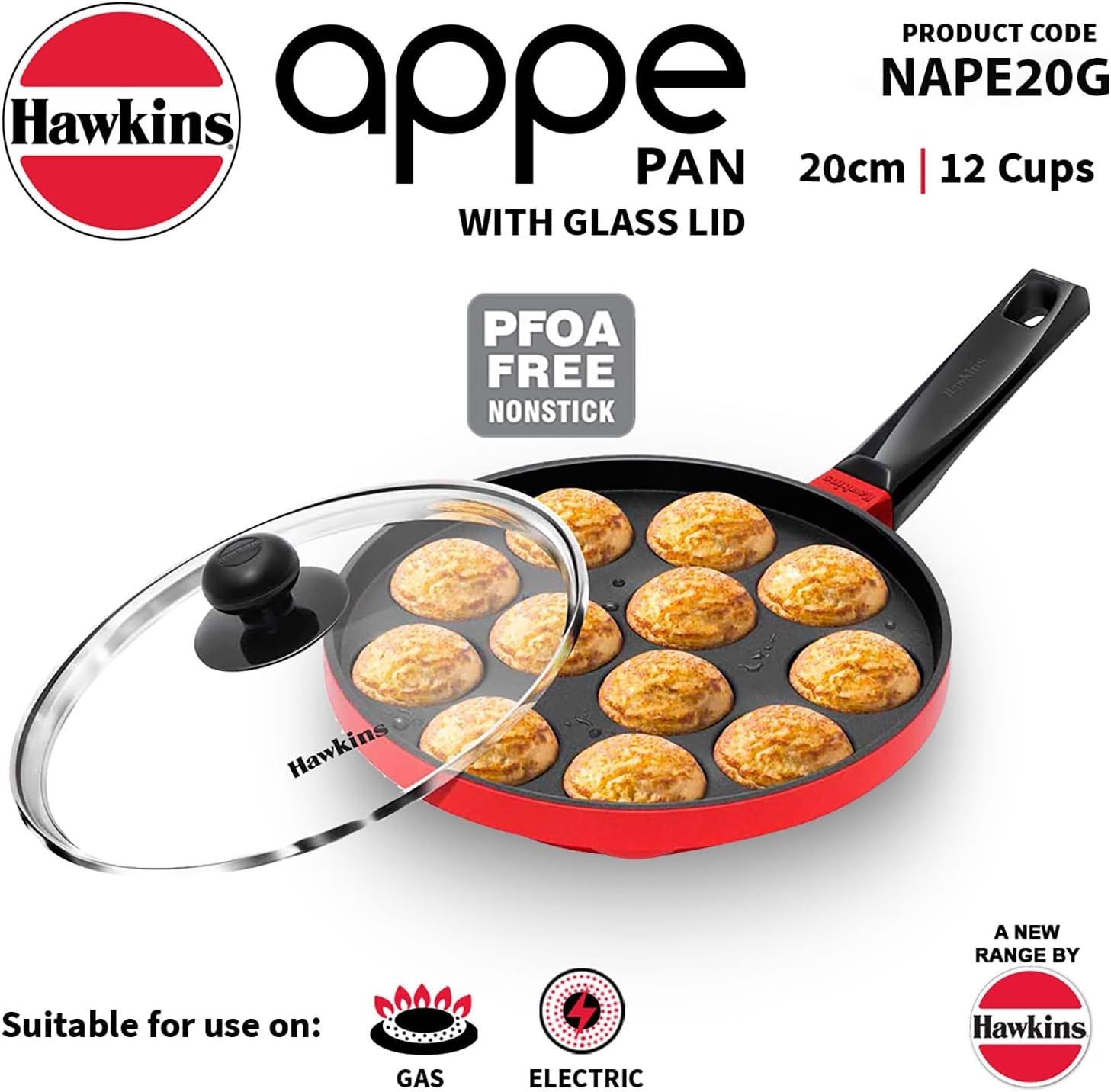 Nonstick Appe Pan with Glass Lid, 12 Cups, Diameter 20 cm, Black, Cast Alumin…
