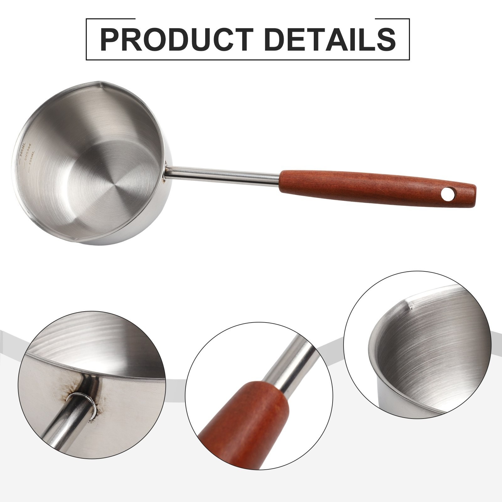 Compact 300ml Stainless Steel Frying Pan with Extended Wooden Handle Design