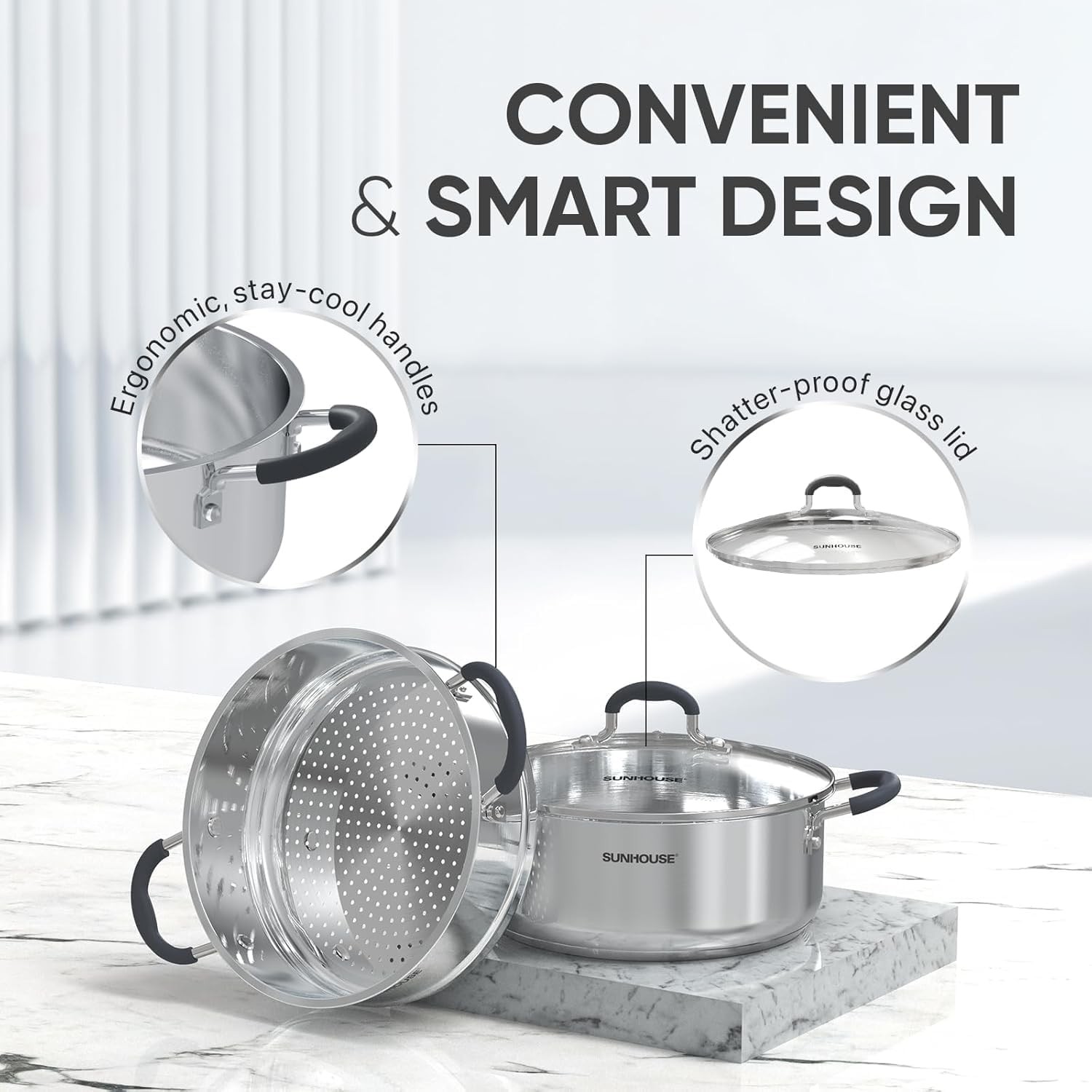 SUNHOUSE Stainless Steel Steamer Pot 5 QT 2 Tier for Vegetables