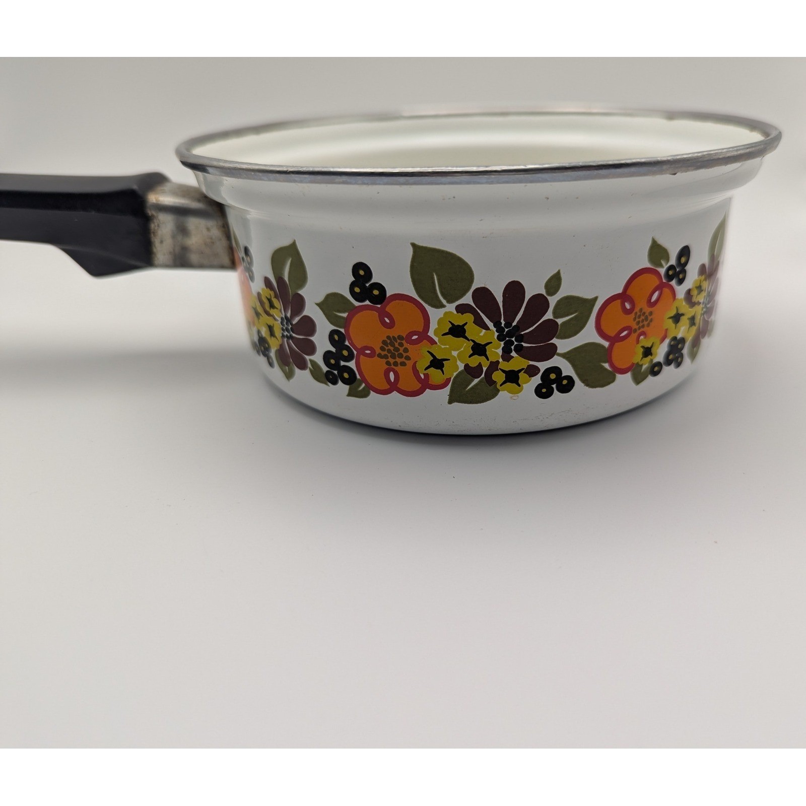 Vtg 1970s Austria Email Enamel Saucepan Floral Print White Orange Brown Retro