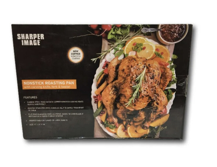 Sharper Image Roasting Pan Copper Coating 15 x 11″ Carving Knife Fork & Baster