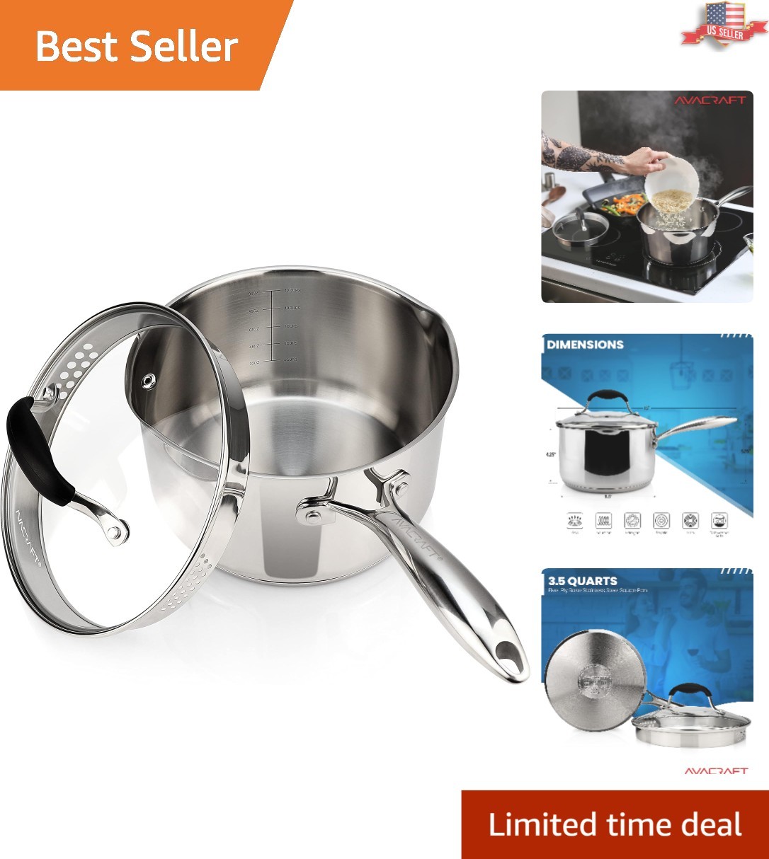 Durable 5-Ply Capsule Bottom Saucepan with Easy Pour Glass Lid & Silicone Handle