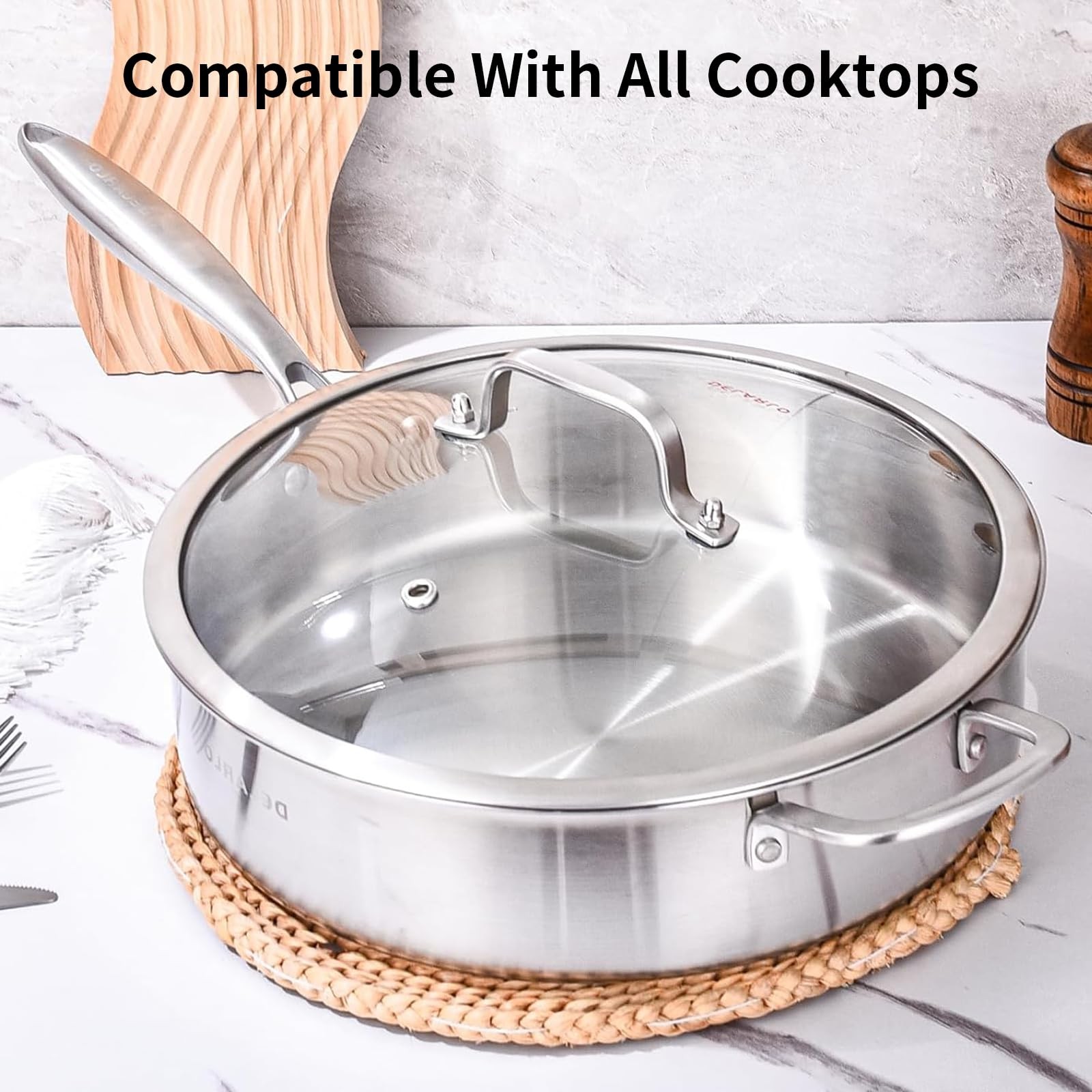 Delarlo Tri-Ply Stainless Steel Saute Pan Lid 5.5Qt12.3Inch Deep Frying
