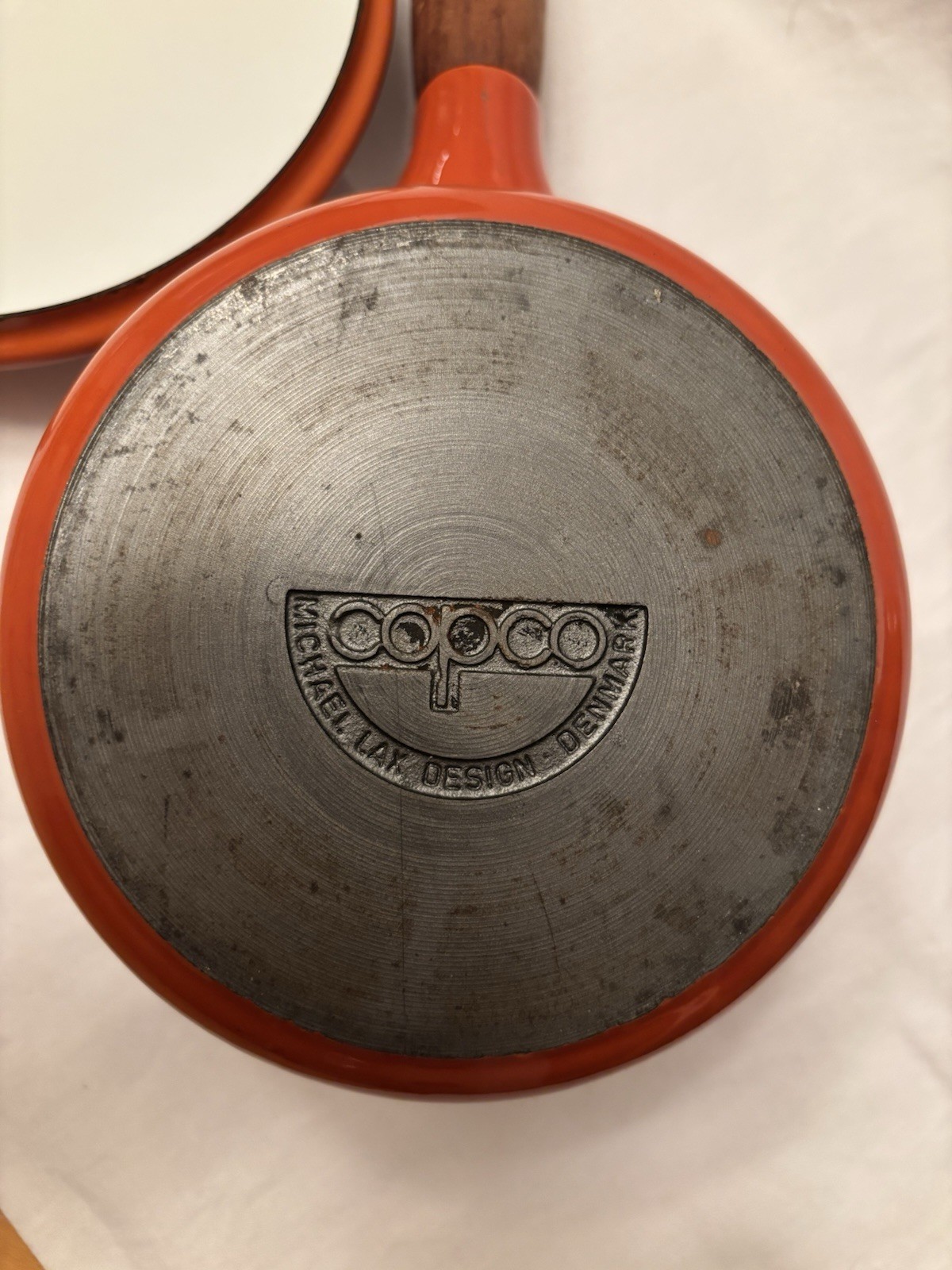 Copco Michael Lax Orange Enamel 1 Qt Saucepan w/ Lid Wood Handle Pour Spout
