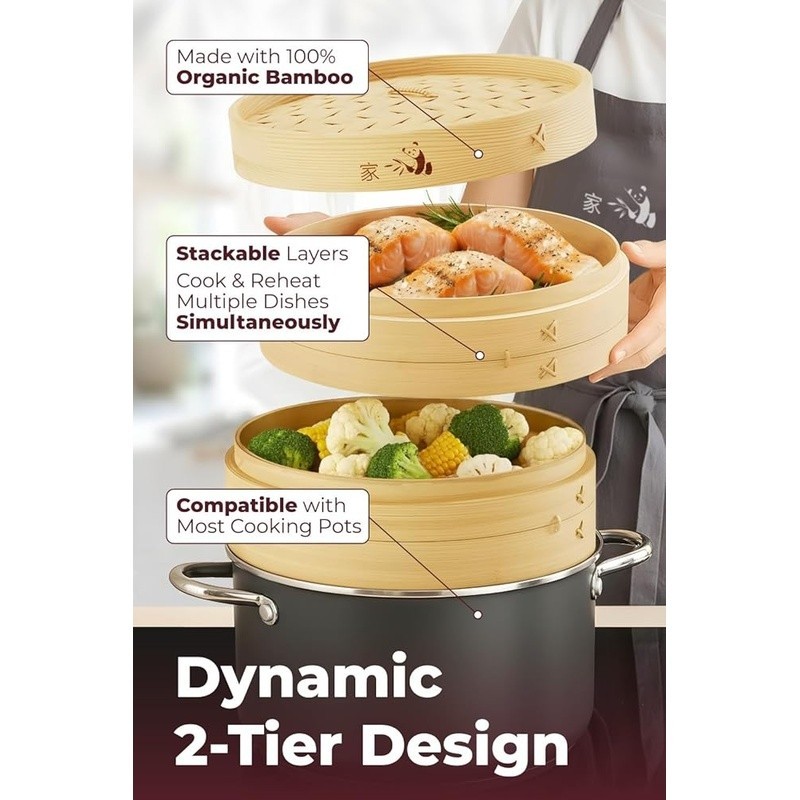 Bamboo Steamer Basket Set Organic Cooking Tool W/ Chopsticks & Liners New