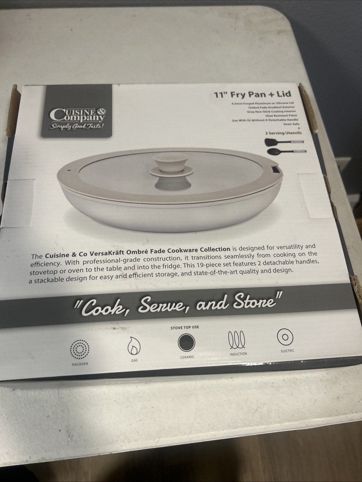 Cuisine 11″ Fry Pan + Lid Cook Serve Store Detachable Handles + 2 Utensils New