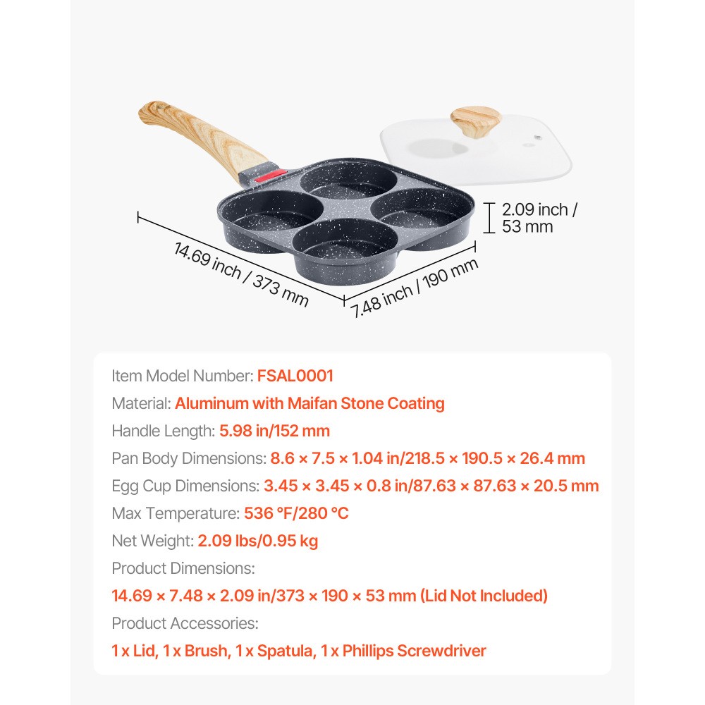 4-Cup Nonstick Egg Frying Pan Aluminum Breakfast Omelette Skillet for Cooking