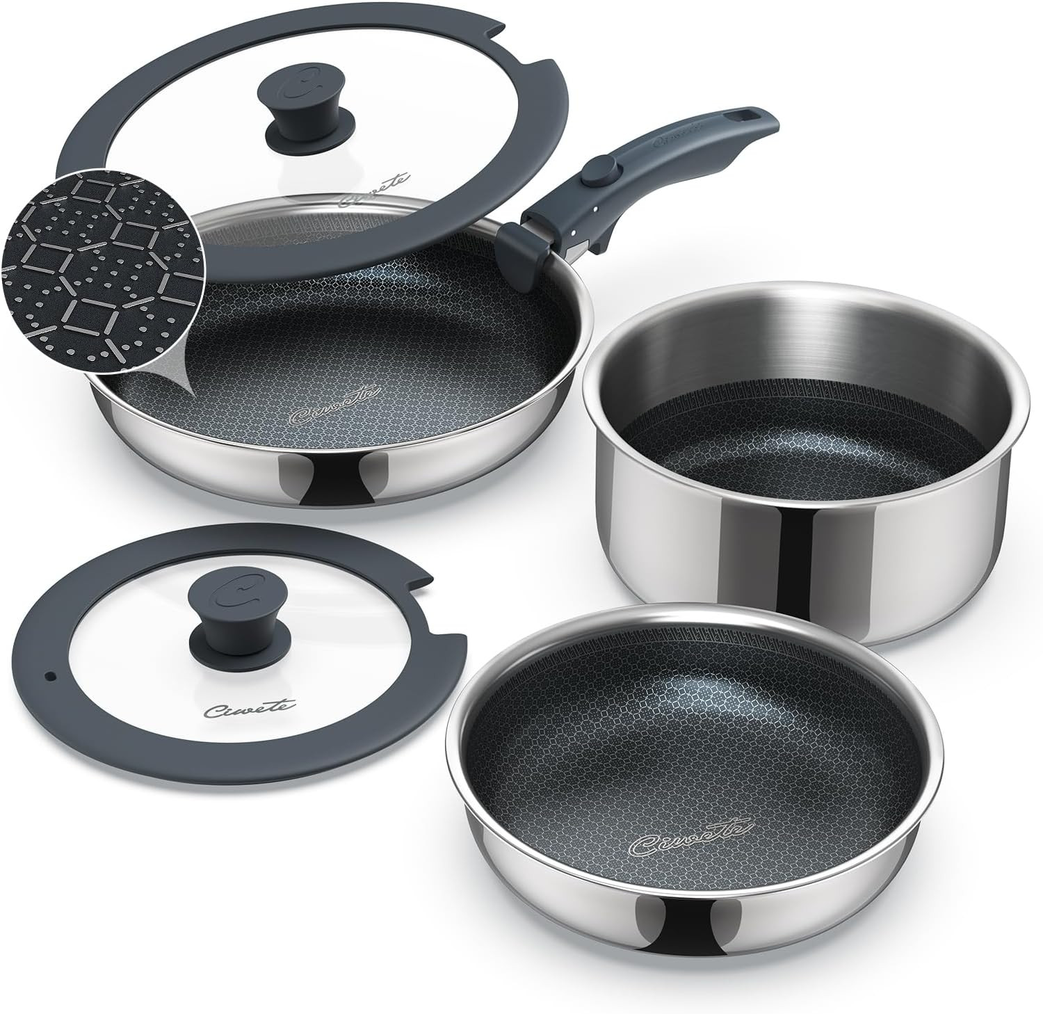 6-Piece Hybrid Stainless Steel Pots and Pans Set Non Stick Kitchen Cookware