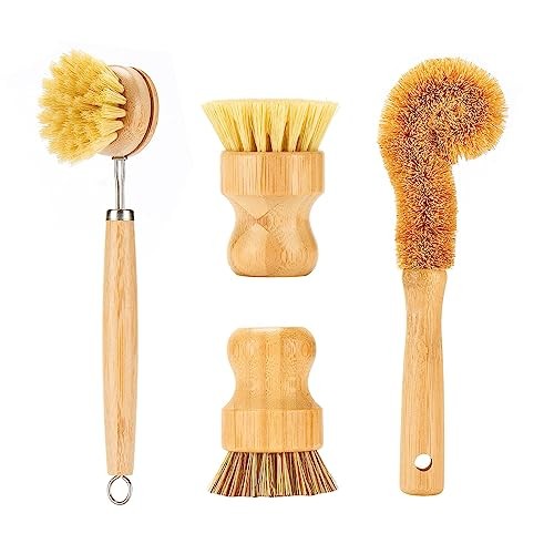 Bamboo Dish Brushes Sets 4 Tools in One Kitchen Clean Dish Scrubber for Pots