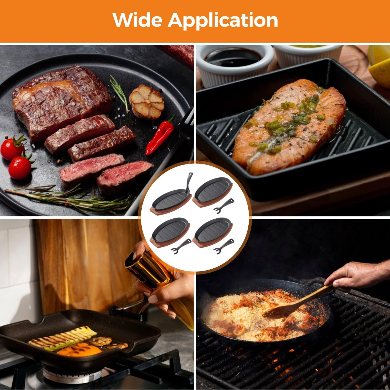 Toyosport 4 Sets Cast Iron Skillet with Wooden Tray, Fajita 4 pack, Black